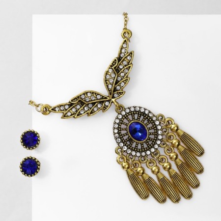 Set 2 objects: earrings, pendant “Wings”, white-blue color in black gold, 48 cm