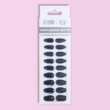 Falbled nails, 24 pcs, with adhesive plates, the shape of the almonds, matte/glossy, black color-7