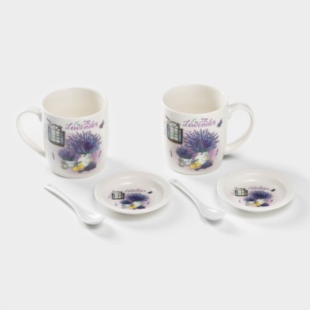 A set of ceramic mugs with spoons and stands "Lavender Bouquet", 2 items: 330 ml, Mix drawing-4