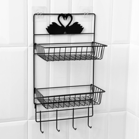 Bathroom shelf, 2-tier, 4 hooks, 47 × 25 × 14 cm, color black-6