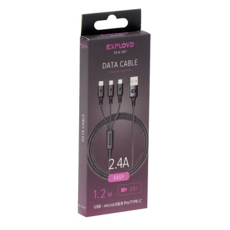 Cable 3 in 1 Exployd Ex-K-1417, USB-Microusb/Lightning/Type-C, 2.4 A, 1.2M, nylon, black-3