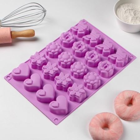 Baking shape of the share “Heart, butterfly, flower”, silicone, 29.8 × 19.7 cm, 20 cells, color mix