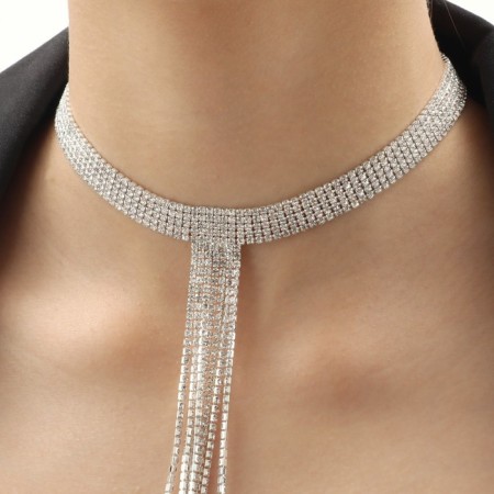 Set 2 objects: earrings, necklace "ice" path, white color in silver, 30 cm-2