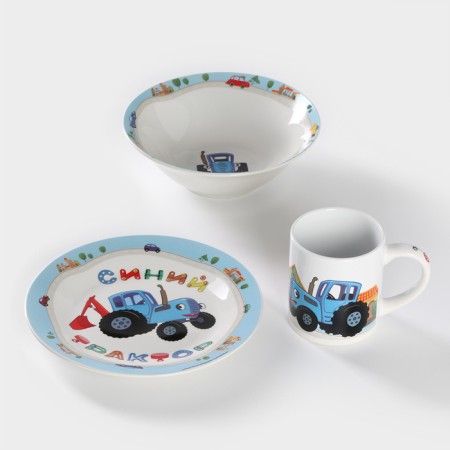 A set of children's dishes from ceramics “Blue Tractor”, 3 objects: 240 ml mug, bowl d = 18 cm, plate d = 19 cm