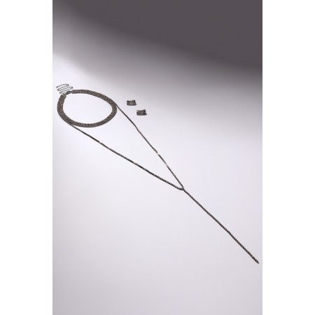 Set 2 objects: earrings, chocker "ice" 4 rows, white color in gray metal, 44.5 cm-4