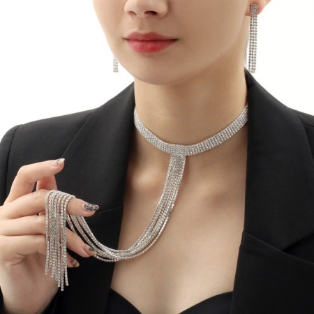 Set 2 objects: earrings, necklace "ice" path, white color in silver, 30 cm-4
