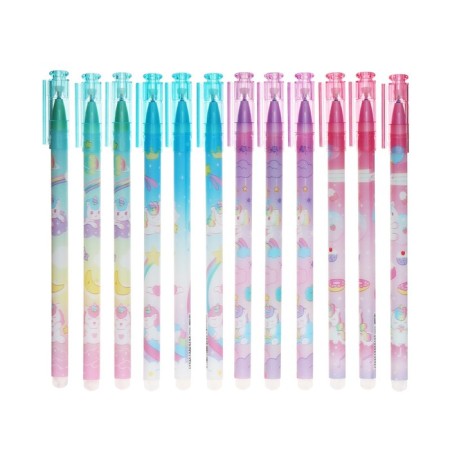 Gel pen with erased ink, blue rod, unicorn building, mix