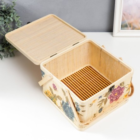 Bamboo box "Garden with peonies" square, with handles 16x24x24 cm-4