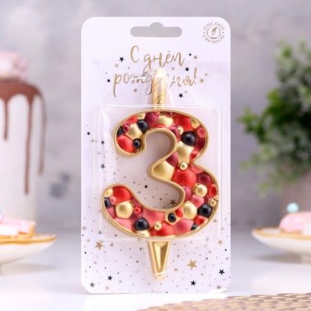 Candle for the cake "Bubbles", the number "3", 10 cm, gold-1