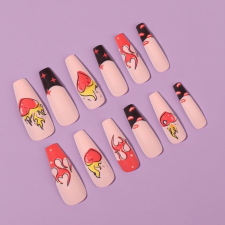 Flame overhead nails, 12 pcs, with glue plates, ballerina shape, beige/red/black color-2