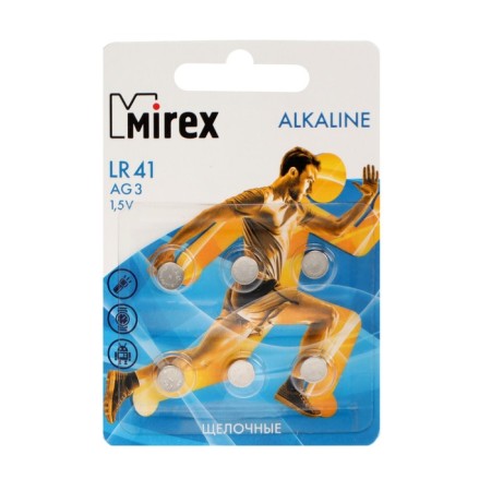Alkalin battery Mirex, LR41, AG3, 1.5V, blister, 6 pcs