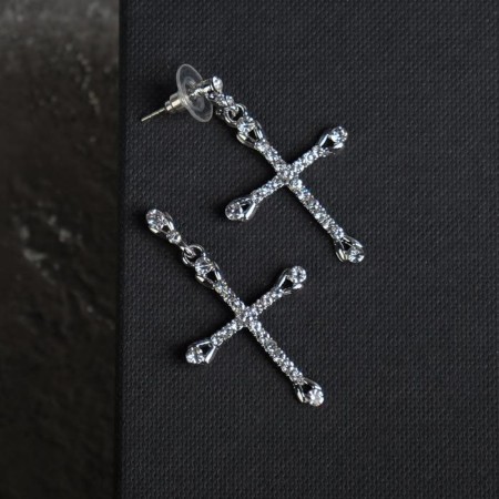 Earrings with rhinestones “crosses” inserts, white color in silver-2
