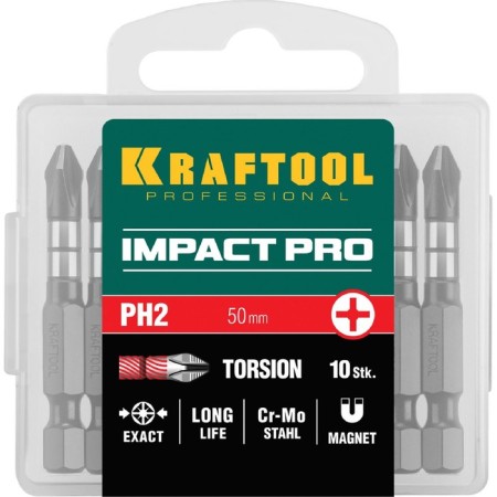 Bits Kraftool Impact Pro 26191-2-50-S10, E 1/4 ", 50 mm, PH2, 10 pcs., Philips, case-3