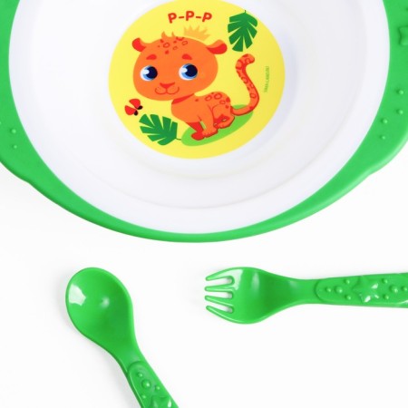 A set of children's dishes "Leopard", a plate on the suction cup 250ml, fork, spoon-2