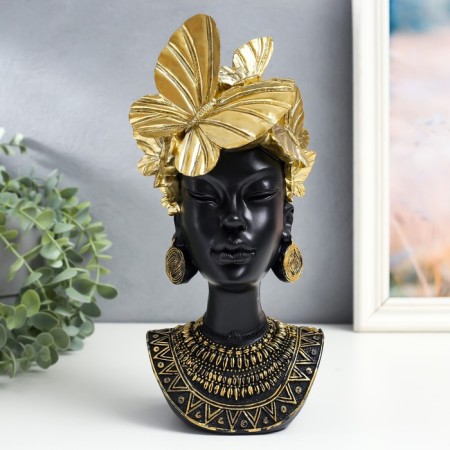 Souvenir Polystone Bust "African - a headdress from butterflies" Black with gold 13x10x28.5 cm
