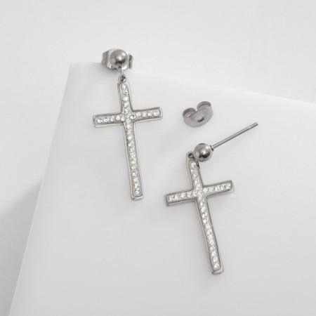 Earrings with rhinestones Xuping cross grace, white color in silver-1