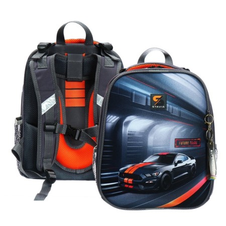 School backpack 38 x 30 x 16 cm, ergonomic back, stavia "car", gray