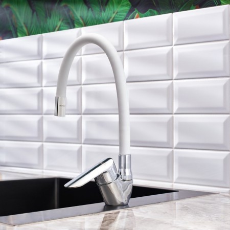 BouOU B8274-10F-E306A kitchen mixer, flexible spout, 35 mm cartridge, brass, white/chrome 1028562-2