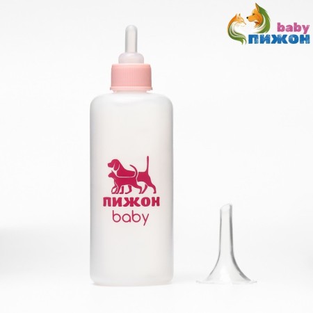 A bottle for feeding with a measured scale, 100 ml (nipple+funnel), pink