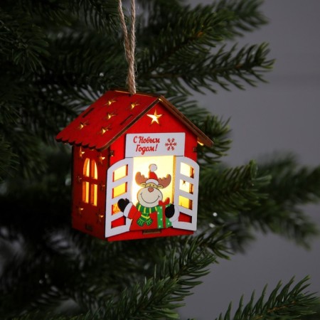 Christmas tree toy "House with a deer", from batteries, a glow of warm white