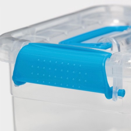 Storage container, cover with a handle on the latch, plastic, 1.35 l, 18.5 × 13 × 9.7 cm, transparent/blue-2