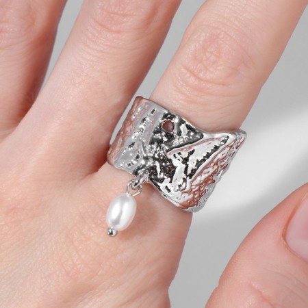 Ring "crumpled lines" with bead, white color in silver, dimensionless-2