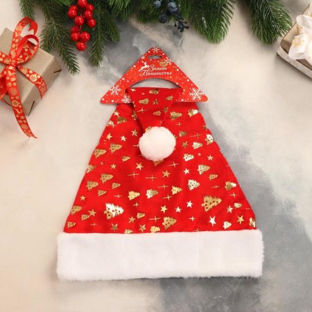 New Year's cap "Christmas trees and stars" 29x40 cm, red-2