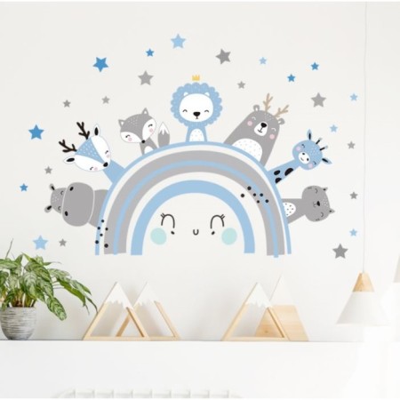 Sticker Plastic Interior color "Cute beasts on the rainbow" gray-blue 30x90 cm