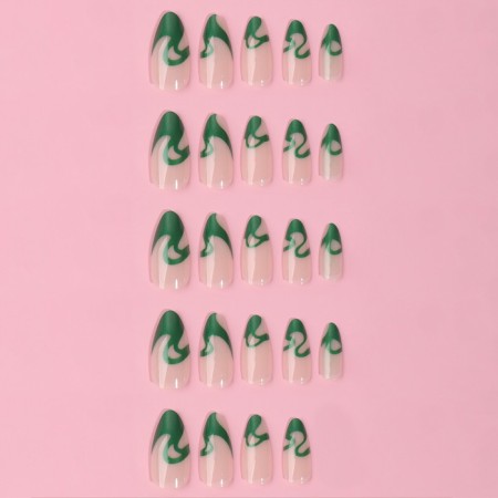 Pattern overhead nails, 24 pcs, with adhesive plates, almond shape, milk/green color-6