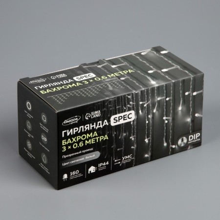 Garland "fringe" 3 × 0.6 m, IP44, UMS, transparent thread, 160 LED, white glow, white flicker, 220 V-6
