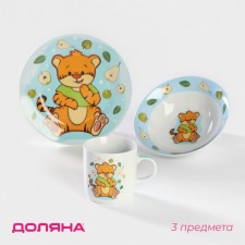A set of children's utensils from ceramics of the “Tigerok with pears”, 3 objects: a mug 230 ml, a bowl of 400 ml, a plate d = 18 cm, white color