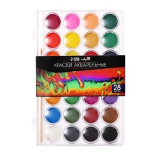 Watercolor paints 28 colors, round, dialing dials 28 mm, brush, plastic pencil case, calligrata top