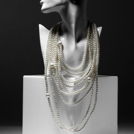 Beads "Pearl cascade", 9 threads, beads No. 6, 14, milk color in silver, 70 cm
