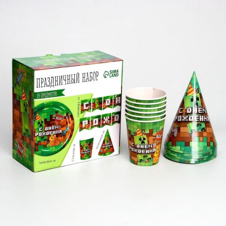 A set of paper dishes is disposable with birthday ”, pixels, 6 plates, 6 glasses, 6 caps-5