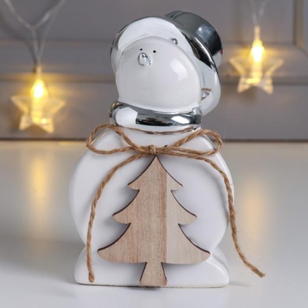 Souvenir ceramics, tree "Snowman in the cylinder, with a Christmas tree" Silver 14.7x6.5x9 cm