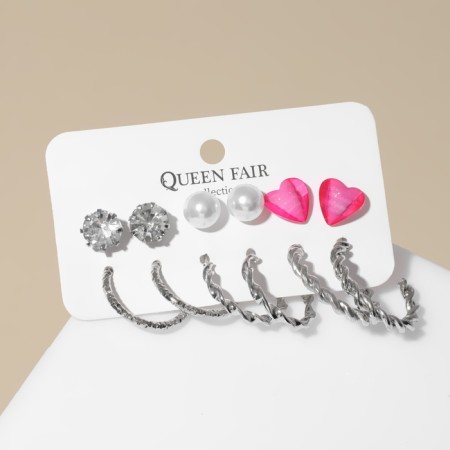 Set of earrings 6 pairs "Assorted" Tenderness, white-pink color in silver-1