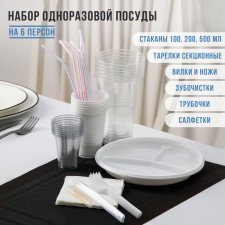 A set of plastic disposable utensils for 6 Person Pak No. 2, sectional plates, cups: 200 ml, 300 ml, 500 ml, forks, knives, tubes, paper towels, toothpicks, white color