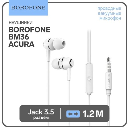Headphones Borofone BM36 Acura, vacuum, microphone, jack 3.5 mm, cable 1.2 m, white