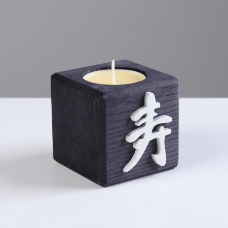 Candle in a wooden candlestick "Cube, hieroglyphs. Longevity", Eben, aroma of mango