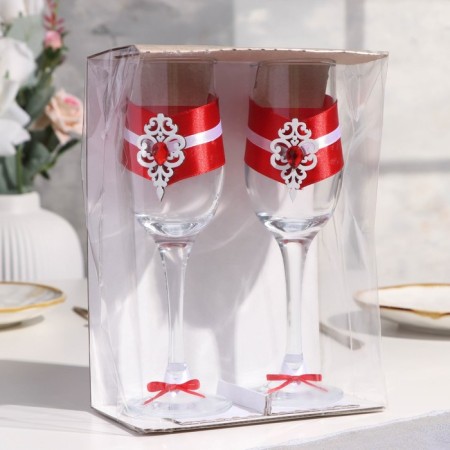 A set of wedding glasses "Prague", handmade, white-red, 6x6x20.5 cm, 2 pcs.-3