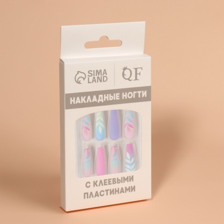 Falbled nails “Leaflets”, 12 pcs, with adhesive plates, ballerina shape, multi -colored-6