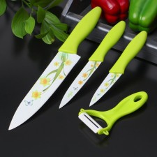 A set of kitchen utensils of the share, 4 objects: 3 knives with an anti -wound coating, blade 8.5 cm, 12 cm, 20 cm, vegetable cleaning, green color