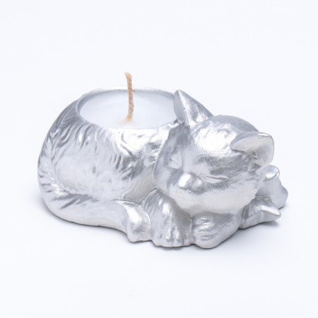 Candle "Cat" in the candlestick of gypsum, 8.5x13x7cm, silver-1