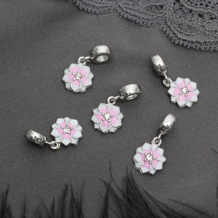 Suspension "Flower with enamel", white-pink color in silver