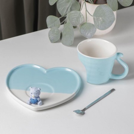 Coffee pair of ceramic “Heart Bear”, 3 objects: mug 200 ml, saucer 15.5 × 15 × 8 cm, spoon, blue color-1