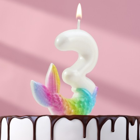 Candle for the cake "Fish Fully Fulfillment", the number "3", white