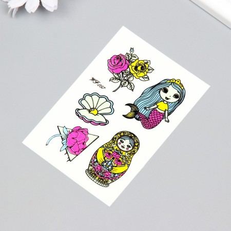 Tattoo on the body phosphorus color "nesting doll and mermaid" 14.3x7.5 cm-1