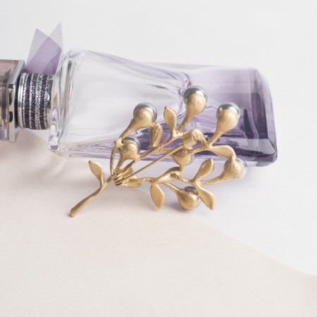 Brooch "Pearl branches", gray color in matte gold-1