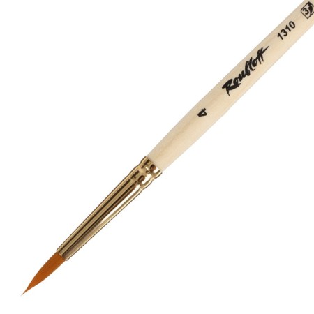 Synthetic brush, round, hard, shortened insert, rubloff series 1310 No. 4, short handle is saturated with varnish, yellow clip-1