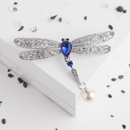 Brooch "Dragonfly" tail is mobile, the color is white-blue in silver